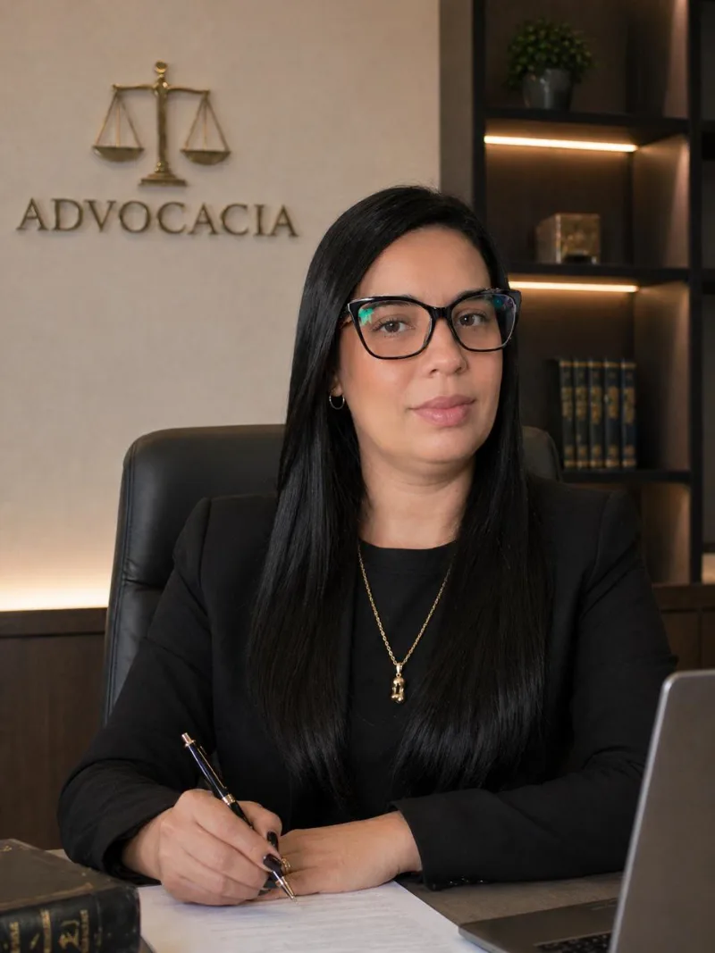Dra. Ana Paula Mielke sentada à sua mesa de trabalho, escrevendo, em seu escritório de advocacia